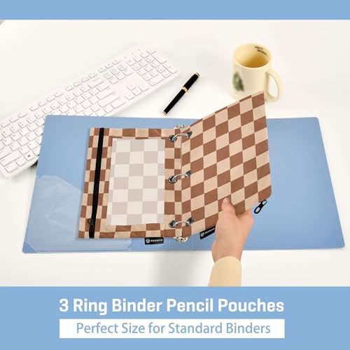 Saddlebrown Buffalo Plaid Binder Pouches 3 Ring for Boys Girls School Office College Supplies Brown Chessboard Wheat Pencil Pouches Case Bag with Clear Window and Zipper 2 Pack - color: Saddlebrown