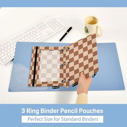 Saddlebrown Buffalo Plaid Binder Pouches 3 Ring for Boys Girls School Office College Supplies Brown Chessboard Wheat Pencil Pouches Case Bag with Clear Window and Zipper 2 Pack - color: Saddlebrown