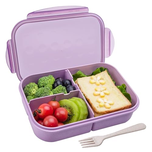 Itopor Bento Box for Kids & Adults, Lunch Box 46 oz, Lavender | Wheat straw material, BPA-free, leakproof, 3 compartments, microwave & dishwasher safe, for school, office & travel - color: Lavender