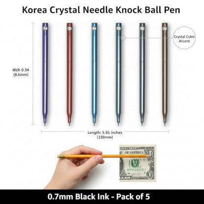 Korea Crystal Needle Knock Ball Pen Set, 0.7mm Fine Point Black Ink, Smooth Writing Pens for School, Office, Journaling, 5 Color Pack (Mint, Purple, Red, Gray, Gold)