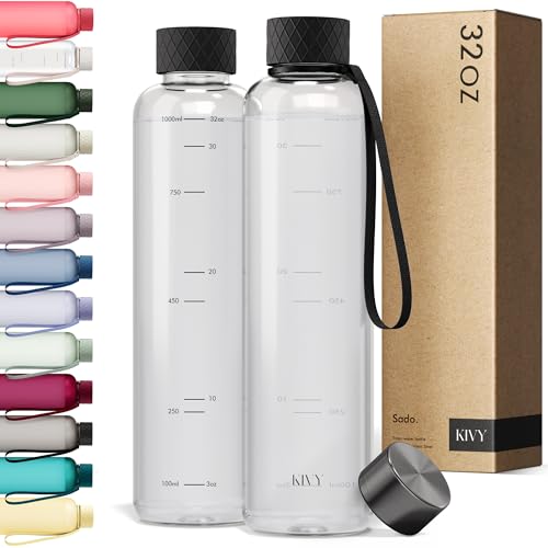 KIVY Slim Water Bottle 32oz [Lightweight & Shatterproof] Fits Backpack & Cupholder for Travel, Sports, School, Gym - Clear water bottle with measurements - Transparent Tritan Black - Dishwasher Safe - color: Black Clear, size: 32 Ounces