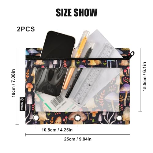 Mushrooms Pencil Pouches Bags for 3 Ring Binder, 2 Pack Zipper Stationery Bag 3 Hole Pencil Case for School Office Home - color: color 07