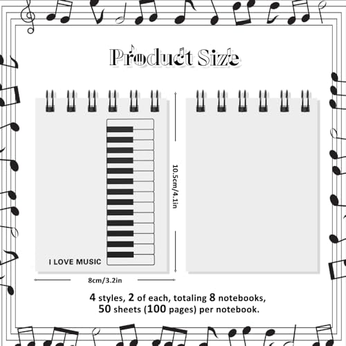 8 Pads Music Small Spiral Notebooks,Piano Keyboard and Musical Notes Cover Memo Notepads Blank A7 Mini Pocket Journal Notebook School Student Notebooks for Music Party Favors Gift,50sheet/pad