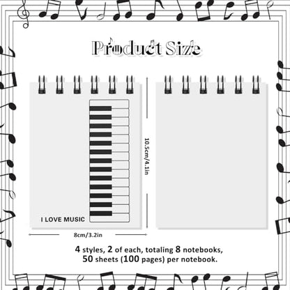 8 Pads Music Small Spiral Notebooks,Piano Keyboard and Musical Notes Cover Memo Notepads Blank A7 Mini Pocket Journal Notebook School Student Notebooks for Music Party Favors Gift,50sheet/pad