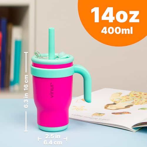 VINUR Kids Tumbler with Handle-14 oz Stainless Steel Double Wall Vacuum Tumbler with Straw, Travel Leak Proof Water Cup with Lid (Rose Pink) - color: Rose Pink-Teal, size: 14 Ounces