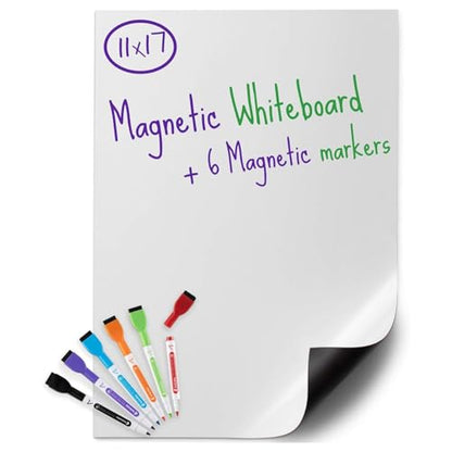 Premium Magnetic Dry Erase Whiteboard Sheet 17" x 11" Includes 6 Markers