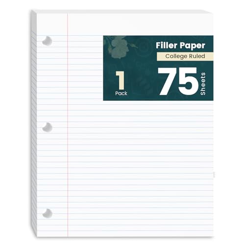 Loose Leaf Paper, 75 Sheets Notebook Lined Pads, 8 x 10.5 College Ruled Filler Paper, 3-Hole Punched Binder Paper for 3-Ring Binders, Double-Side Printed Note Pads for Home, Office, School, 1 Pack