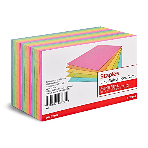 Staples Index Cards, 3" x 5", Lined, Assorted Colors, 900 Pack – Bulk Color‑Coded Ruled Cards for Classrooms & Study Organization - size: 900 Pack, style: Assorted Color