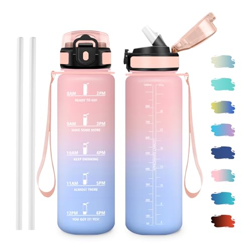 1L Water Bottle, Sports Water Bottles with Time Markers, Water Bottle with Straw, BPA Free Bottle for School, Office - color: 1000ml Pink + Light Blue, size: 33.8 Ounces