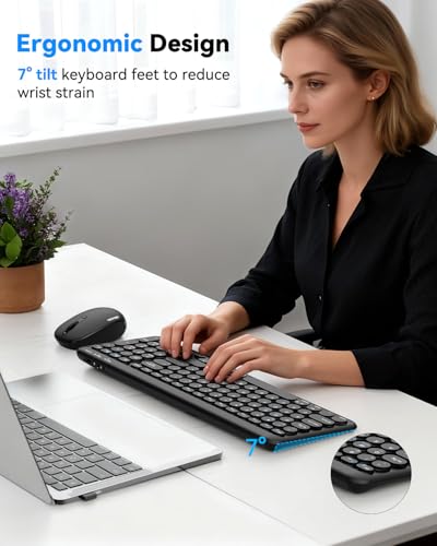 TECKNET Wireless Keyboard Bluetooth & 2.4G USB, Up to 4-Device Connection, USB C Rechargeable Battery, Quiet Typing, Compact Layout, 7° Ergonomic Tilt, Compatible with Windows/Android/iOS, Deep Back - color: Deep Black