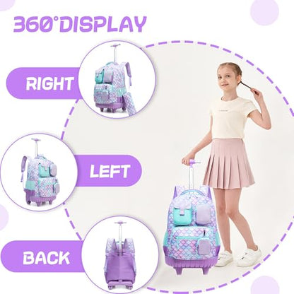 Meetbelify Rolling Backpack for Girls Boys Backpacks with Wheels Kids Carry on Luggage for Girls Boys - color: Girls Mermaid