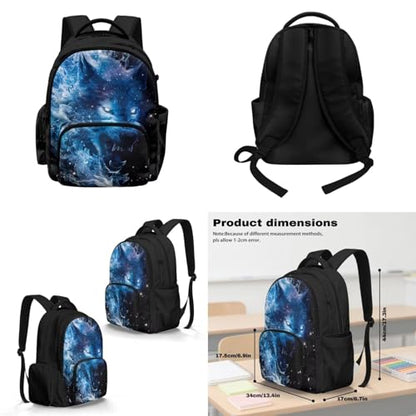 Blue Galaxy Wolf Backpack for Boys Girls Kids Backpack with Lunch Box Water Bottle Pouch and Zipper Pencil Case 4PCS Set Bookbag with Pockets for School 17 inch Large School Bag - color: Blue Wolf