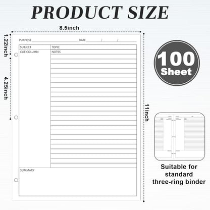 gisgfim 100 Sheets Cornell Notes Loose Leaf Paper Notebook Taking System Filler Paper 8.5×11 Inch 3 Hole Punch Cornell-Style Notes Pages Note Taking Supplies for School Office Business Home 80gsm