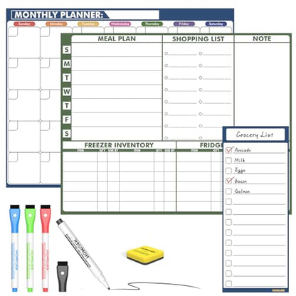 HOMiDEK Magnetic Dry Erase Calendar for Refrigerator, Fridge Whiteboard Calendar Magnet Meal Planner Menu Board with Magnetic list, Dry Erase Markers and Eraser - 14 x 11 Inches - size: 11"W x 14"H, style: Monthly Planner + Meal Planner