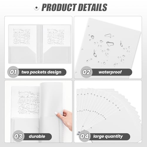 Yeaqee 50 Pcs Plastic Folders with Pockets Bulk 3 Hole Punched 2 Pocket File Folders for 3 Ring Binder Divider Folder for Notebooks, Durable Poly for Office Home (White) - color: White