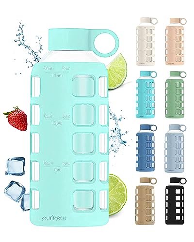 purifyou 40oz / 32oz / 22oz / 12oz Borosilicate Glass Water Bottle with Time & Volume Markers, Silicone Sleeve, Stainless Steel Lid | Reusable Glass Bottle for Water & Juice (22oz Glow-in-the-Dark) - color: Glow-in-the-Dark (1 Count), size: 22 Ounces