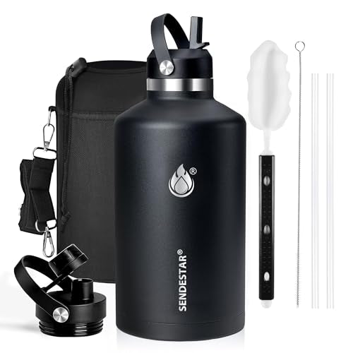 Insulated Water Bottle 64 oz, Triple Wall Vacuum Stainless Steel Water Bottles(Cold for 48 Hrs), Leak Proof & Non-BPA, Half Gallon Water Flask Jug with Straw Spout Lids for Gym, Sports, Camping - color: Black-Y, size: 64 Ounces