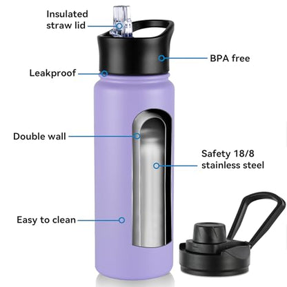 24oz Insulated Water Bottle with Straw Lid, Stainless Steel Metal Water Bottle with Straw & Wide Mouth Lid, Double Wall Vacuum Water Bottle for Hiking Camping, Lavender 4 Pack - color: Lavender, size: 24oz-4 Pack