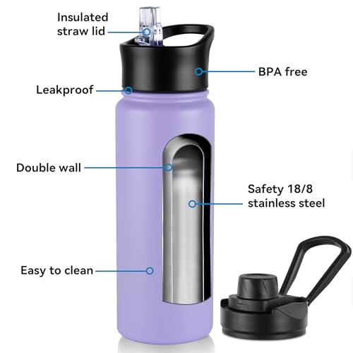 VEGOND 24oz Insulated Water Bottle with Straw Lid, Stainless Steel Metal Water Bottle with Straw & Wide Mouth Lid, Double Wall Vacuum Water Bottle for Hiking Camping, Lavender 8 Pack - color: Lavender, size: 24oz-8 Pack