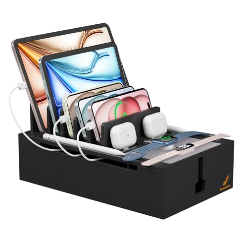 Pezin & Hulin Bamboo Charging Station, Electronic Devices Organizer for Multiple Devices Charger Such As Cell Phone, Tablet, Watch and More, Blackl, (No USB Charger and Cables - color: Black, size: Dock (No Charger&Cables)