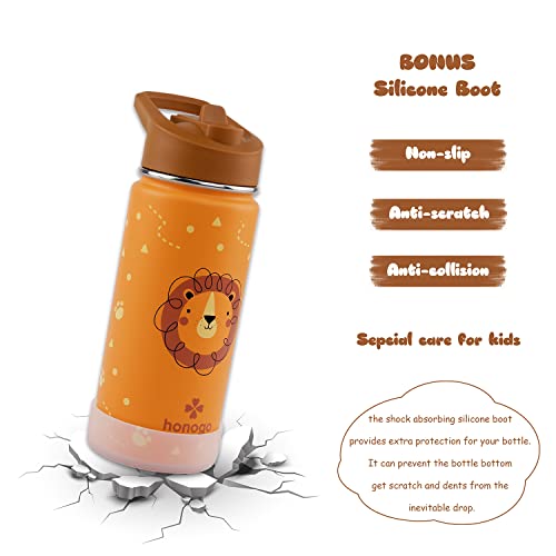 16 oz Stainless Steel Insulated Kids Water Bottle, Leak Proof Metal Thermal Flask with Straw lid, Cute Toddler Tumbler Cup for School Girls & Boys (Lion, Orange) - color: Lion, Orange