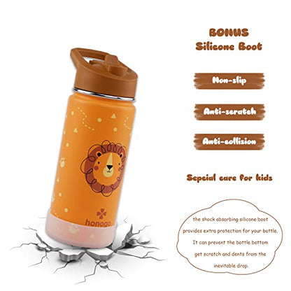16 oz Stainless Steel Insulated Kids Water Bottle, Leak Proof Metal Thermal Flask with Straw lid, Cute Toddler Tumbler Cup for School Girls & Boys (Lion, Orange) - color: Lion, Orange
