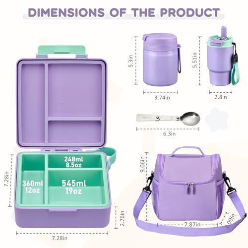 Pawtong Lunch Box Set with Bento Box Container, 17OZ Stainless Steel Food Soup Thermo, Kids Water Bottle & Portable Insulated Lunch Bag – Leakproof, Hot/Cold Retention for School, Travel (Purple) - color: Purple