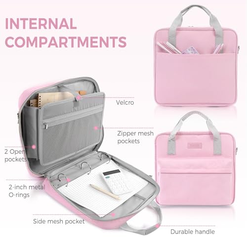 Zipper Binder 3 Ring with Shoulder Strap and Handle, Pink 2 Inch 3 Ring Binder with Zipper, Extra Pockets Holds 500 Sheets, Waterproof Trapper Keeper for Middle School & Work Organizer - color: Pink