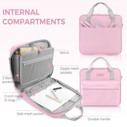 Zipper Binder 3 Ring with Shoulder Strap and Handle, Pink 2 Inch 3 Ring Binder with Zipper, Extra Pockets Holds 500 Sheets, Waterproof Trapper Keeper for Middle School & Work Organizer - color: Pink