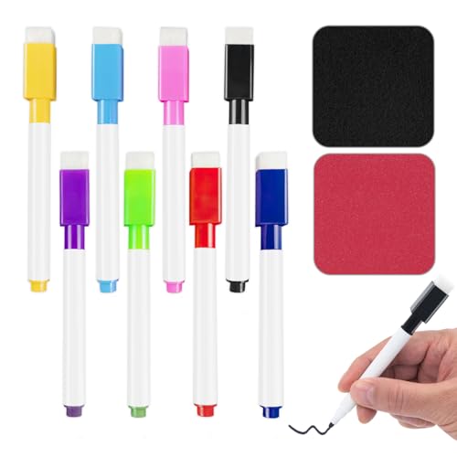 8 Pcs Magnetic Dry Erase Markers, Chisel Tip, Colorful | Magnetic Eraser, White Board Markers with Eraser Cap, for Office, Classroom, Home & School, for White Board Drawing & Writing - color: Multicolor, size: 1 Count (Pack of 8)