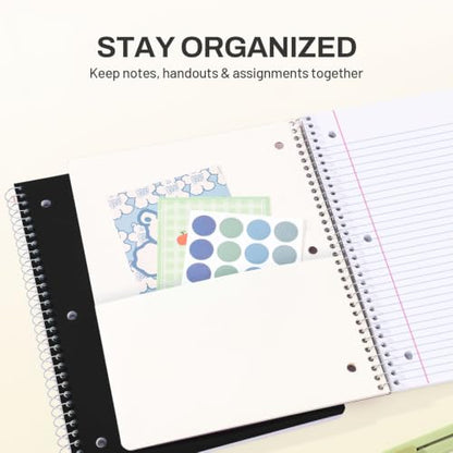 SUNEE Spiral Notebook, 1-Subject, College Ruled Paper, 8" x 10-1/2", 100 Sheets per Notebook, 3-Hole Punched Paper, Water Resistant Cover, Double-sided Pockets, Spiral Lined Notebooks for Work, Black - color: Black
