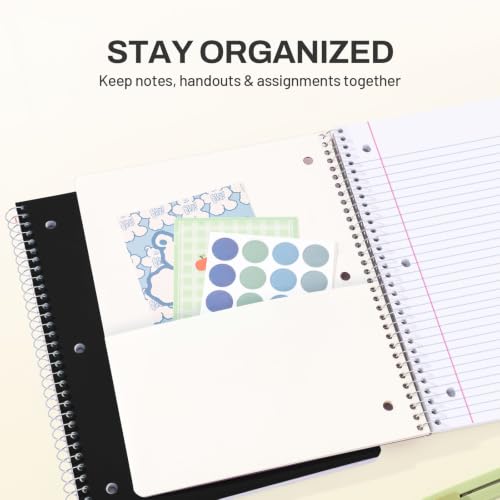 SUNEE Spiral Notebook, 1-Subject, College Ruled Paper, 8" x 10-1/2", 100 Sheets per Notebook, 3-Hole Punched Paper, Water Resistant Cover, Double-sided Pockets, Spiral Lined Notebooks for Work, Black - color: Black