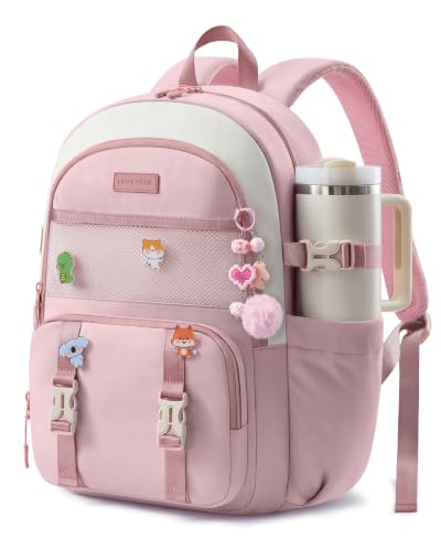 LOVEVOOK Cute School Backpack for Girls Ages 8-14, Lightweight Bookbag with Cartoon Charms & Pins, Back to School Backpack for Elementary & Middle School, Fits 15.6 Inch Laptop and 40oz Tumbler - color: Off-white & Pink, size: 15.6 Inch