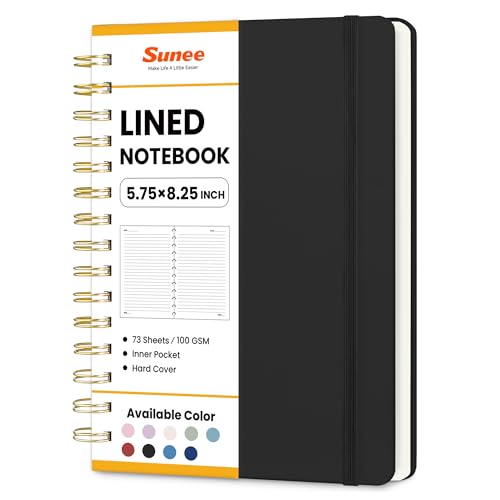 SUNEE Lined Spiral Journal Notebook for Women, 146 Pages College Ruled Hardcover Journaling Notebook for Work, Note Taking and Office School Supplies, A5 -Black - color: Black