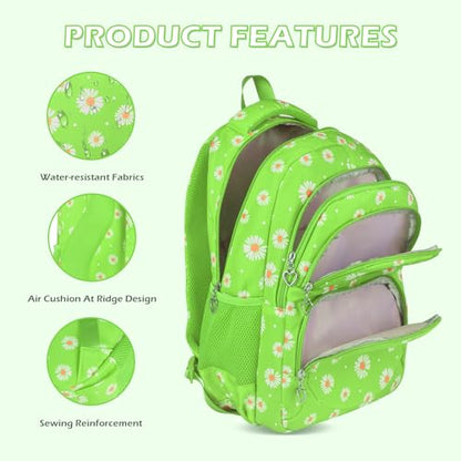 Glodwheat Daisy Printed Backpack For Girls- 3Pc Set With Lunch Box & Pencil Case, Lightweight Water-Resistant Bookbag For Elementary School - color: Grass-green