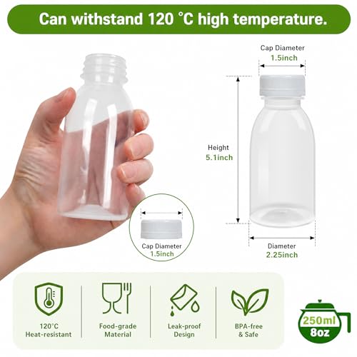 EONJOE 12pk 8oz Dishwasher Safe Plastic Bottles, BPA-Free for Juice & Milk | Durable food-grade PP5 bottles. Dishwasher & freezer safe, heat-resistant for hot or cold drinks, leak-proof caps. - color: 12pcs-8oz