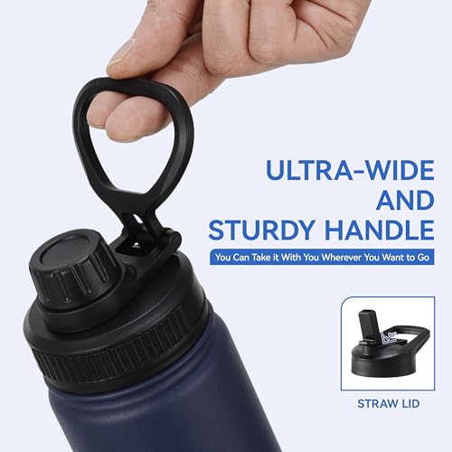 DOMICARE 16 oz Water Bottle Stainless Steel Double Wall Vacuum Insulated Water Bottle with Straw lids & Spout Lid, Leakproof - color: Navy Blue, size: 16 Ounces