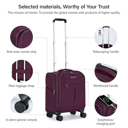 Hanke Underseat Carry On Luggage with Wheels, Lightweight Small Suitcase Airline Approved 16 Inch Softside Personal Item Travel Bag for Women Men, Compact Under Seat Luggage with Spinner Wheels,Purple - color: Purple