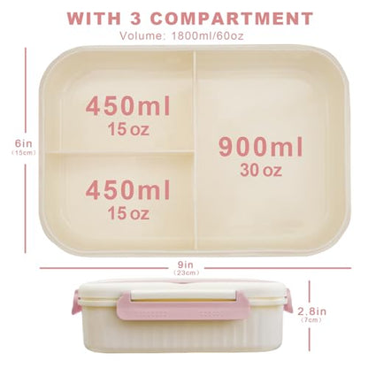 Bento Box Adult, 1800 ML Bento Lunch Box for Kids Children with 3 Compartments, Lunch Food Containers with Spoon & Fork, Microwave & Dishwasher Safe, BPA-Free and Food-Safe Materials(Pink) - color: Pink