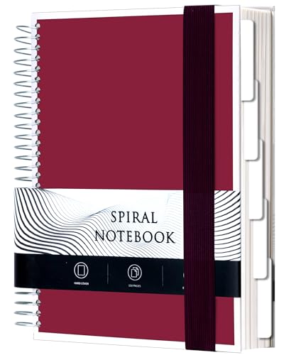 Yoment 5 Subject Notebook College Ruled, 300 Pages Spiral Notebook with Removable Divider Tabs，Hardcover 8 x 10 Inches College Ruled Journal 1 Inner Pocket for School College Work Office Home,Red - color: Red