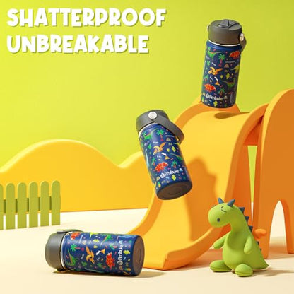 Fimibuke Kids Insulated Water Bottle, 14oz BPA FREE 18/8 Stainless Steel Travel Tumbler Double Wall Vacuum Leak Proof Kids Cup with Straw Metal Bottle for School Boys Girls(1 Pack, BLUE DINOSAUR) - color: A11. BLUE DINOSAUR