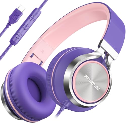 INFURTURE USB C Headphone for Kids & Adults Over-Ear Headphone with HD Mic | Adjustable Wired Headphones for School, Comfort Ear Cups, Hi-Fi Stereo, Cord for iPhone 17, iPad, Tablet, Laptop, Travel - color: Pink-purple