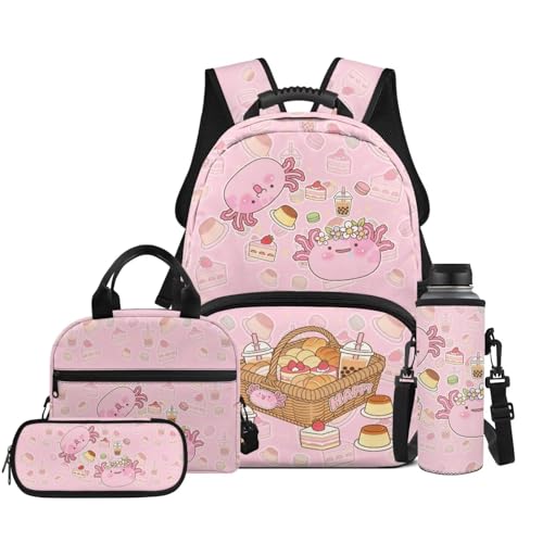 Axolotl Backpack Set for Kids, 4 in 1 Bookbag with Lunch Box, Pencil Case & Water Bottle Holder for Elementary School 1st to 6th Grade Students Daily Use - color: Axolotl Print