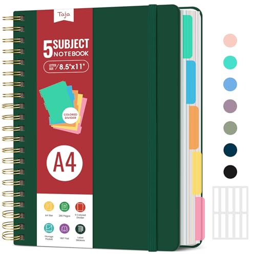 Hardcover Spiral Journal Notebooks for Work With Removable Dividers & Tabs, 8.5"x11" 5 Subject Notebook for Note Taking & Organizer, A4 College Ruled Lined Journal for Women & Writing, Dark Green, 280 Pages - color: G-Dark Green