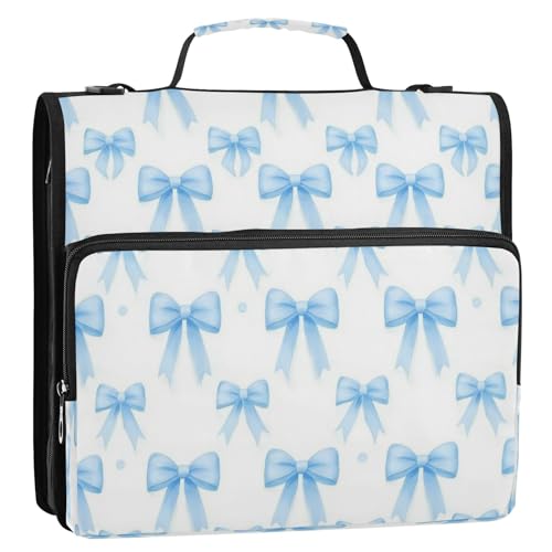 Caikeny 3 Ring Zipper Binder Coquette Bow Blue Polka Dots 1.5 inch Binders Bag with Shoulder Strap and Handle Expanding File Pockets - color: Multicolored 1z2.15