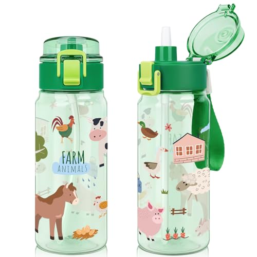 Tritan Kids Water Bottle for School, 18.6 oz Leakproof 2-in-1 Toddler Water Bottle with a Pop-up Detachbale Straw, Dishwasher Safe (Farm Animals) - color: Farm Animals