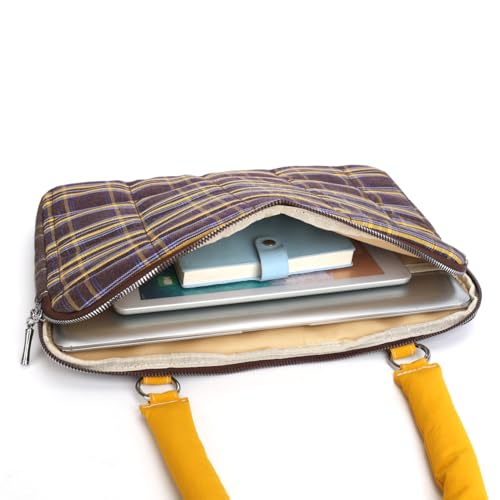 Puffy Quilted Laptop Sleeve 13-15 Inch Cute Plaid Laptop Case with Handle Grid Pattern Soft Protective Laptop Bag for Macbook - color: Brown