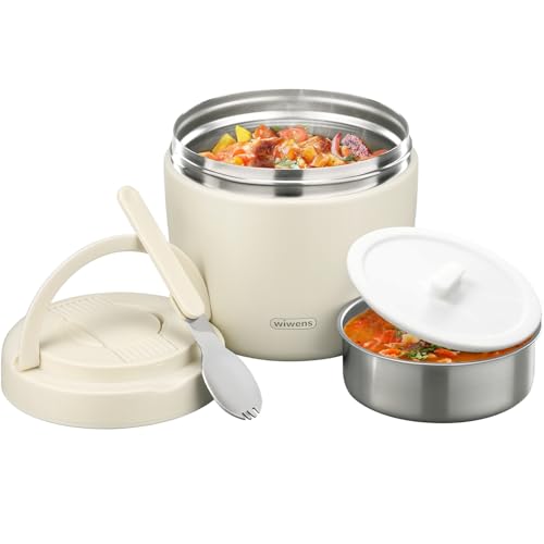 wiwens Thermo Food Jar for Hot Food Adults 32OZ Soup Thermo Lunch Containers Wide Mouth Vacuum Insulated Stainless Steel Leakproof Bento Box with Spoon (Beige) - color: Beige