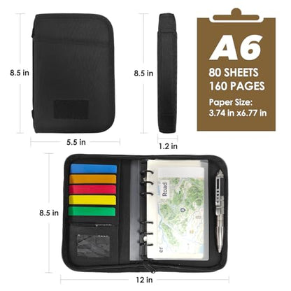 Tactical Notebook Cover, A6 Padfolio 6 Ring Binder with Big Back Pocket & Hand Strap, Zippered Hardcase Planner for Journal, College, Office, Field (Black, A6(5.5 x 8.5 inches)) - color: Black, size: A6