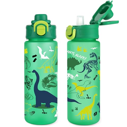 Dinosaurs Kids Water Bottle for School 22oz with Straw Pop-Up Spout Cover and Carry Handle, Leak Proof Water Cup for Boys, Plastic Waterbottle for Sport Travel - color: Dinosaurs Green, size: 20.3 Ounces